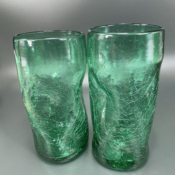 Crackle Green Glass Tumbler Pinched Dimpled Tumblers Cups Glasses Vintage Set 2 - Picture 9 of 12